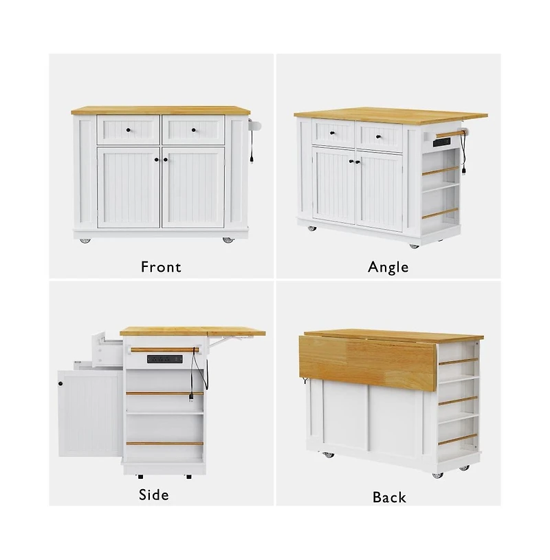 Maison Boucle 48'' Farmhouse-Style White Kitchen Island Cart with Foldable Countertop, Power Strip, 5 Side Racks, and Drawers-Maison Boucle