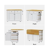 Maison Boucle 48'' Farmhouse-Style White Kitchen Island Cart with Foldable Countertop, Power Strip, 5 Side Racks, and Drawers-Maison Boucle