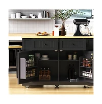 Maison Boucle 48'' Farmhouse-Style White Kitchen Island Cart with Foldable Countertop, Power Strip, 5 Side Racks, and Drawers-Maison