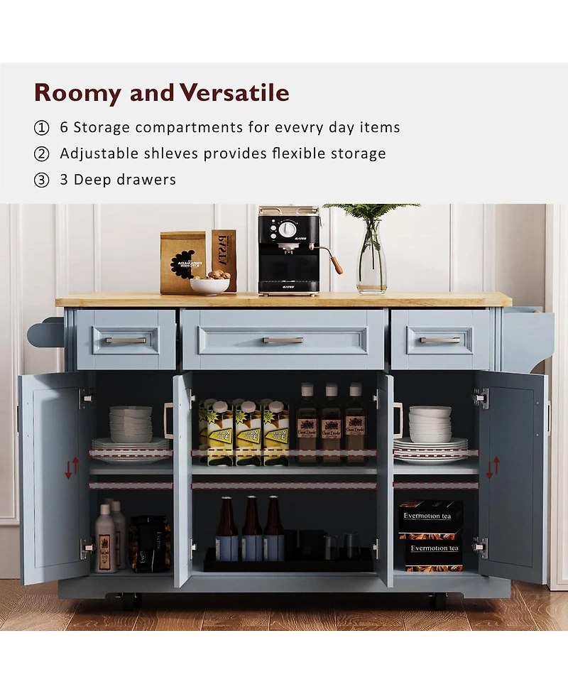 Maison Boucle 47.2" Grey Blue Kitchen Island Cart with Drop Leaf, Drawers, Cabinets, Adjustable Shelves & Spice Rack on Wheels-Maison