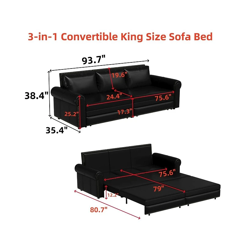 Maison Boucle 93.7" Faux Leather King Pull Out Sofa Bed, 3-in-1 Convertible Sleeper Couch with Rolled Arms & Nailhead Trim for Living Room-Maison Bouc