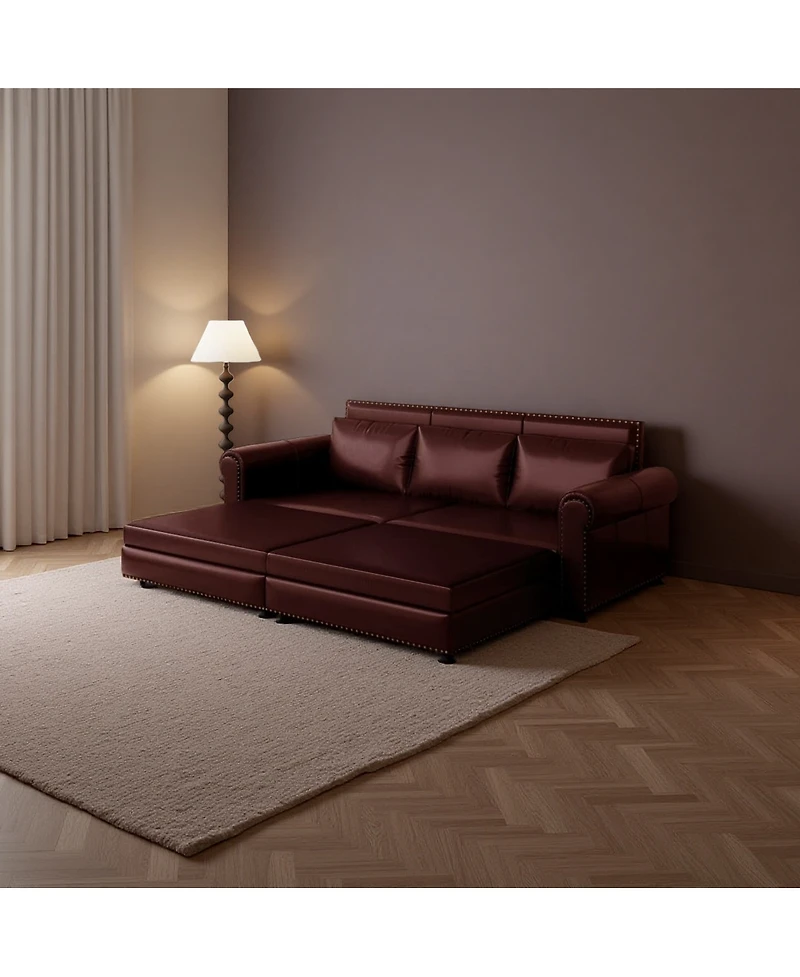 Maison Boucle 93.7" Faux Leather King Pull Out Sofa Bed, 3-in-1 Convertible Sleeper Couch with Rolled Arms & Nailhead Trim for Living Room-Maison Bouc