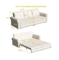 Maison Boucle 93.7" Faux Leather King Pull Out Sofa Bed, 3-in-1 Convertible Sleeper Couch with Rolled Arms & Nailhead Trim for Living Room-Maison Bouc