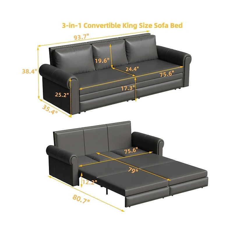 Maison Boucle 93.7" Faux Leather King Pull Out Sofa Bed, 3-in-1 Convertible Sleeper Couch with Rolled Arms & Nailhead Trim for Living Room-Maison Bouc