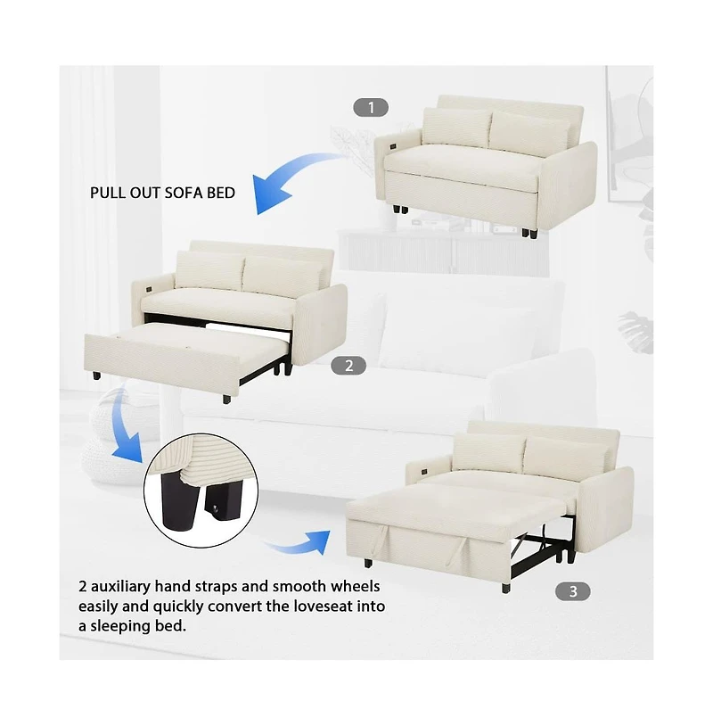 Maison Boucle 57.48" Pull Out Sleeper Loveseat, Convertible Sofa Bed with Usb Ports & Adjustable Backrest for Small Spaces-Maison