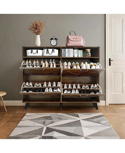 gaomon Shoe Storage Cabinet with 4 Flip Drawers and Open Storage, Freestanding Narrow Shoe Rack Cabinet for Entryway, Hallway, Living Room, Dark Brown