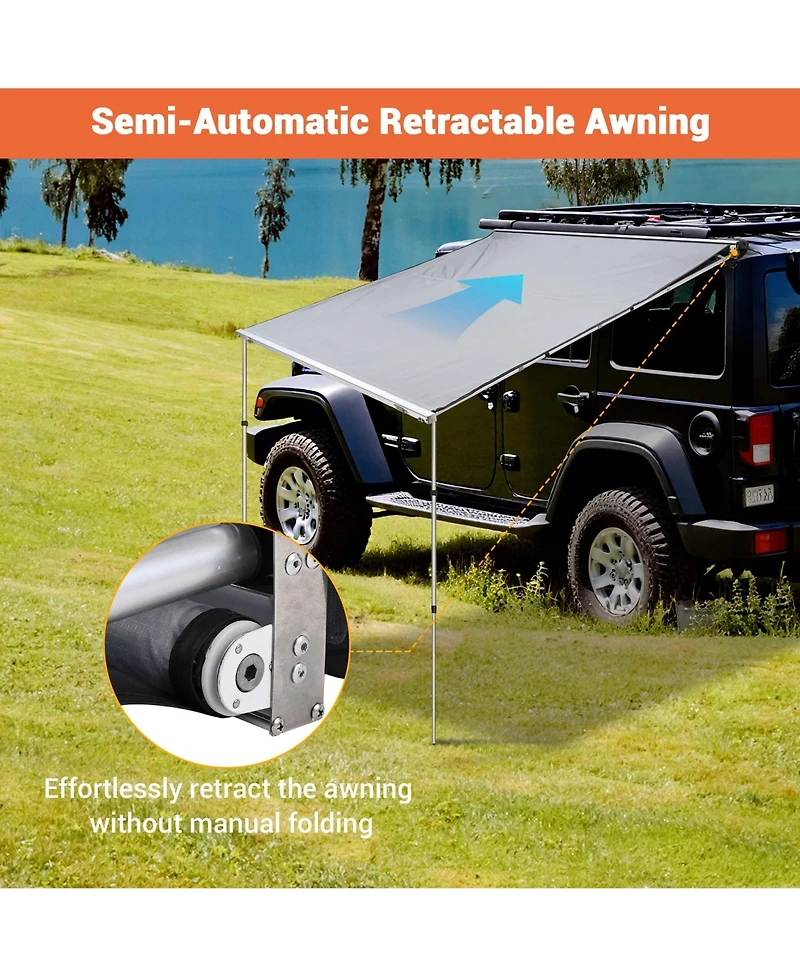 Yescom Semi-Automatic Retractable 6.6'x8.4' Vehicle Awning with Blackout Coating Motor Car Side Roof Rack Overlanding Sun Shade for Outdoor Camping Tr