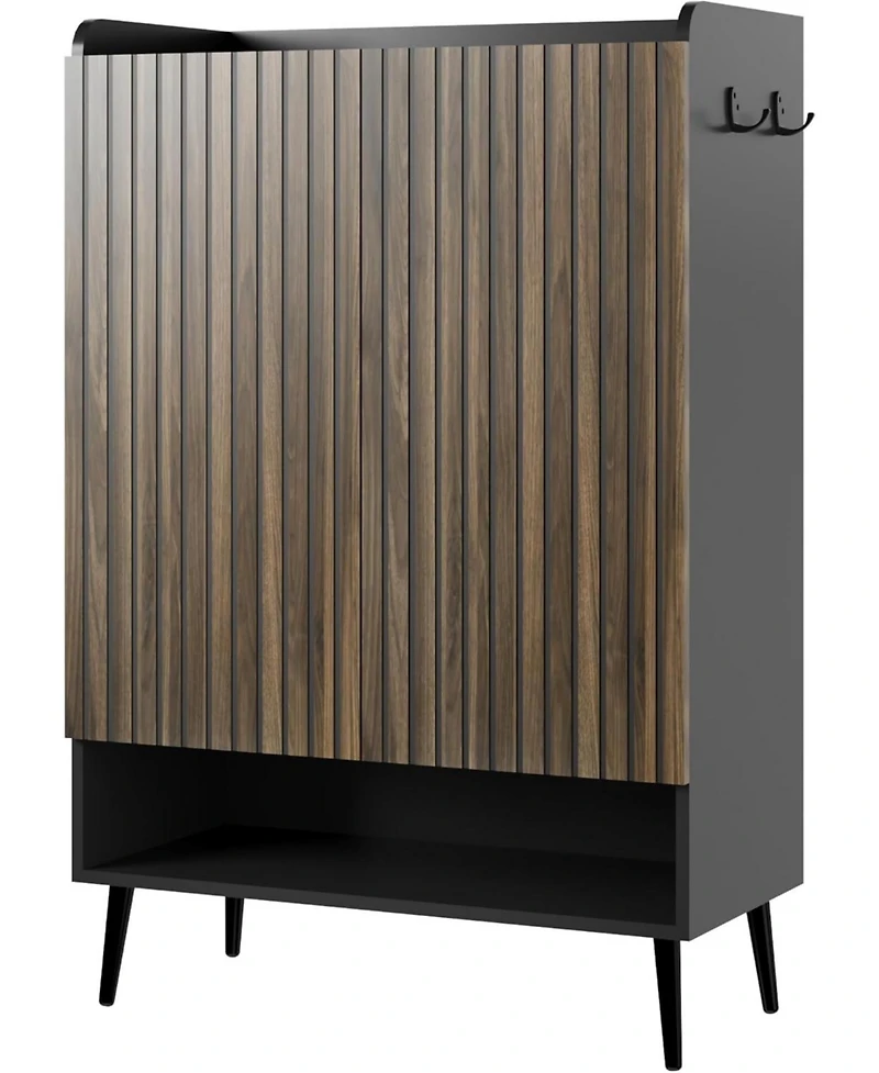 Shoe Cabinet，Large Shoe Cabinet with 2 Doors,Adjustable Shelves, Shoe Organizer with Doors for Hallway, Entryway, Living Room,Black+Nut-Brown
