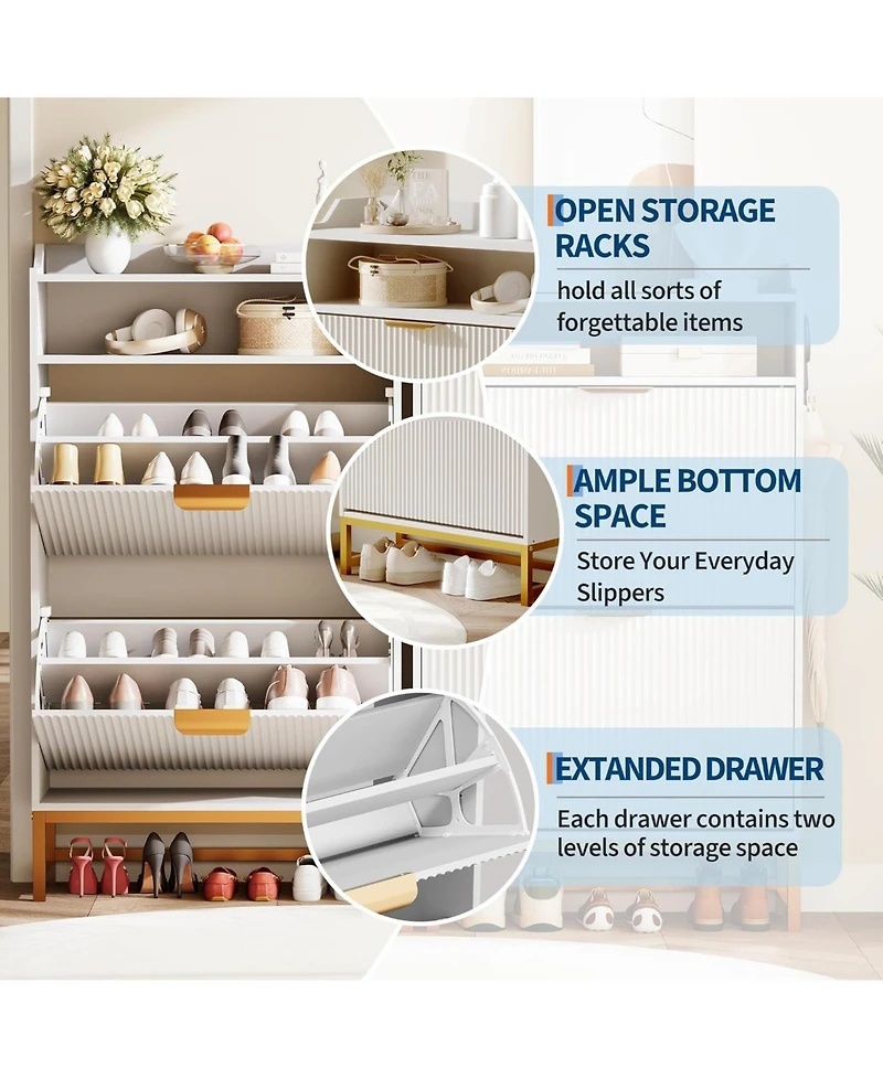 gaomon Narrow Shoe Cabinet Storage for Entryway, Modern Fluted Shoe Rack Organizer with 2 Flip Drawers and an Open Shelf for Hallway, Living Room, Whi
