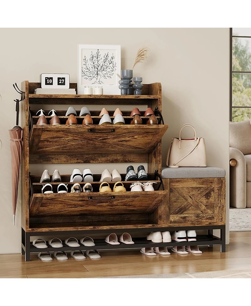 gaomon Shoe Cabinet with 2 Flip-Drawers & Storage Bench, Farmhouse Wood Freestanding Shoe Rack with 2 Hooks & Bottom Shelf for Entryway