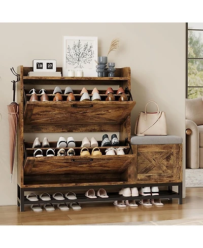 gaomon Shoe Cabinet with 2 Flip-Drawers & Storage Bench, Farmhouse Wood Freestanding Shoe Rack with 2 Hooks & Bottom Shelf for Entryway