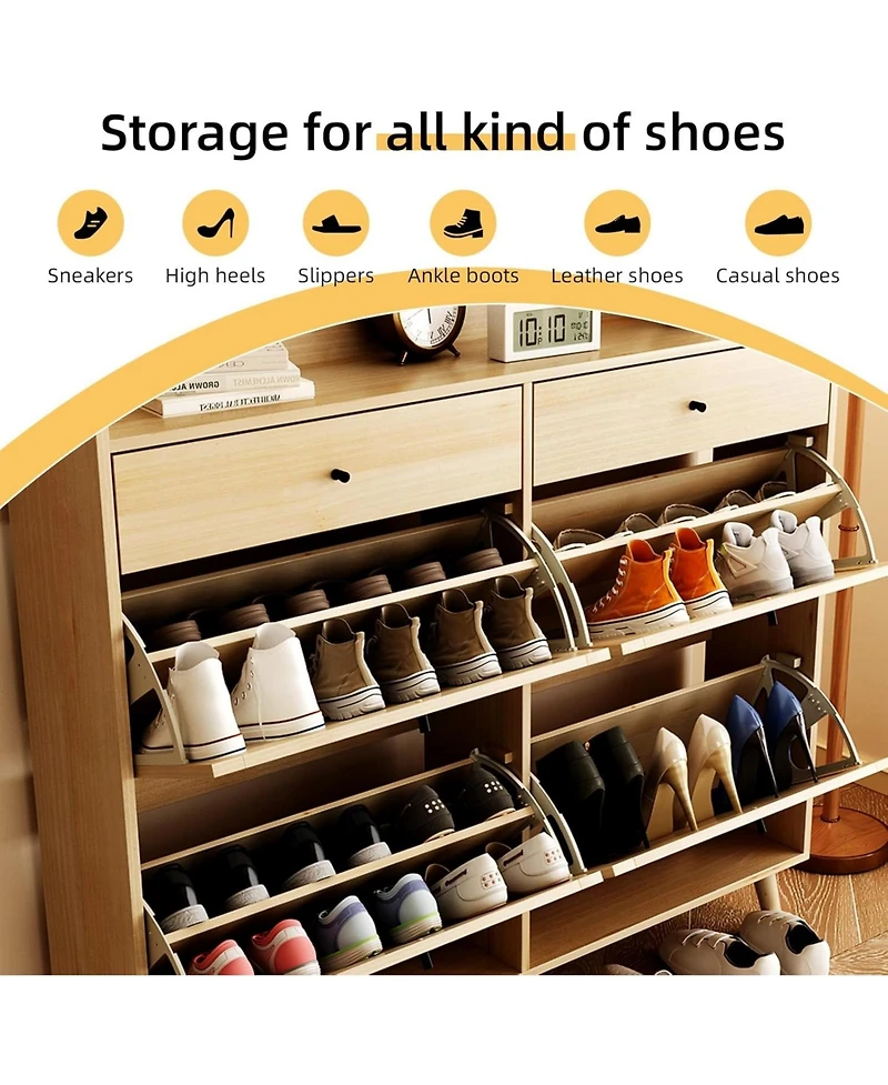 gaomon Shoe Cabinet Storage with 4 Flip Drawers, Rattan Narrow Shoe Rack Cabinet Storage for Entryway Hallway Living Room Closet, Nature Oak