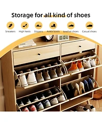gaomon Shoe Cabinet Storage with 4 Flip Drawers, Rattan Narrow Shoe Rack Cabinet Storage for Entryway Hallway Living Room Closet, Nature Oak