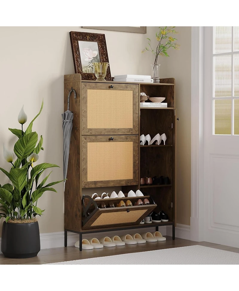 gaomonc3 Tier Shoe Cabinet with Natural Rattan Flip Drawers for Entryway,Shoe Storage Organizer with Adjustable Shelves for Hallway, Living Room,Brown