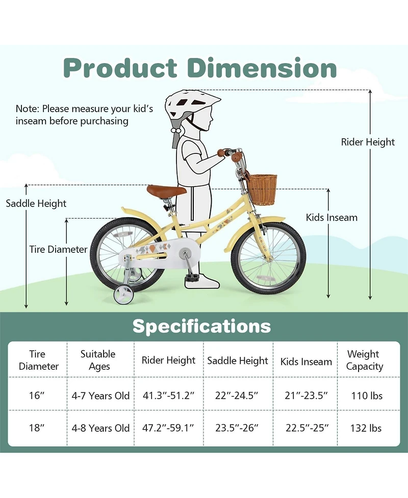 18 Inch Kids Bike Adjustable Bicycle with Reflectors and Bell for Children 4-8 Years Old-18 inches