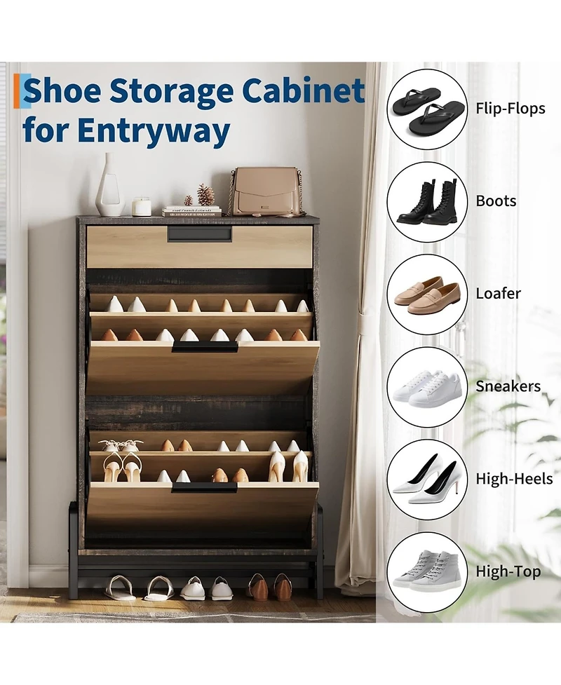 gaomon Shoe Storage Organizer with 2 Flip Drawers and 1 Drawer, Freestanding Narrow Shoe Rack, Shoe Storage Organizer with 3-Tier Adjustable Shelves,