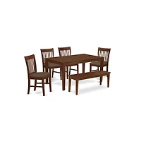 East West Furniture CANO6C-mah-c 6-Pc Dining Table with bench set- Table and 4 Dining Chairs and Bench