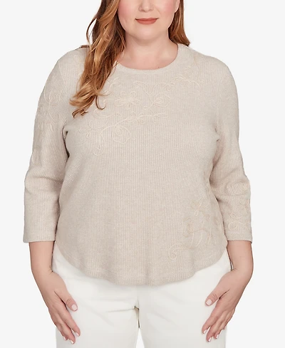 Alfred Dunner Plus Vienna Asymmetrical Floral Soutache Knit Top