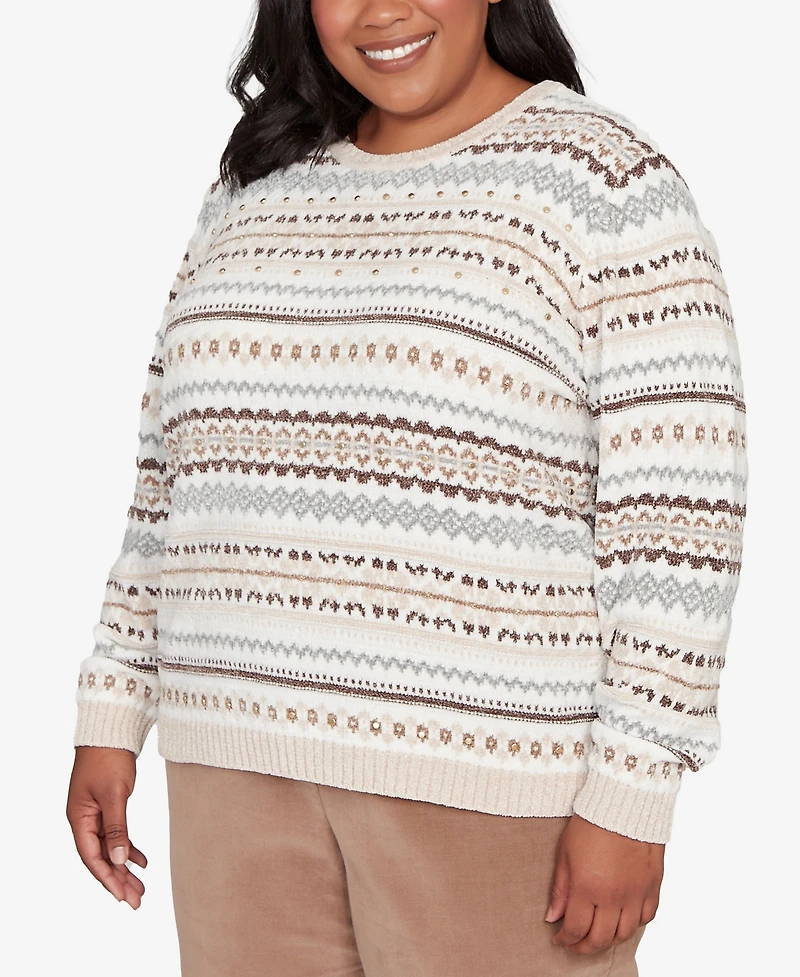 Alfred Dunner Plus Vienna Geometric Biadere Striped Chenille Sweater