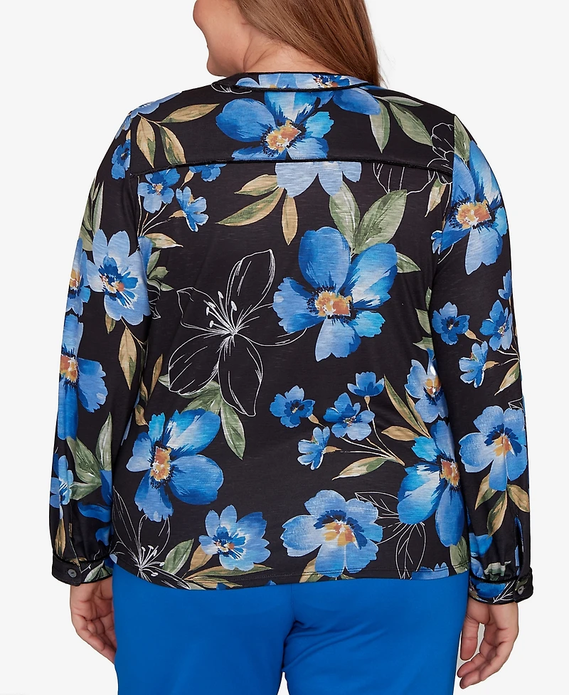 Alfred Dunner Plus Barcelona Watercolor Floral Velvet Trim Top