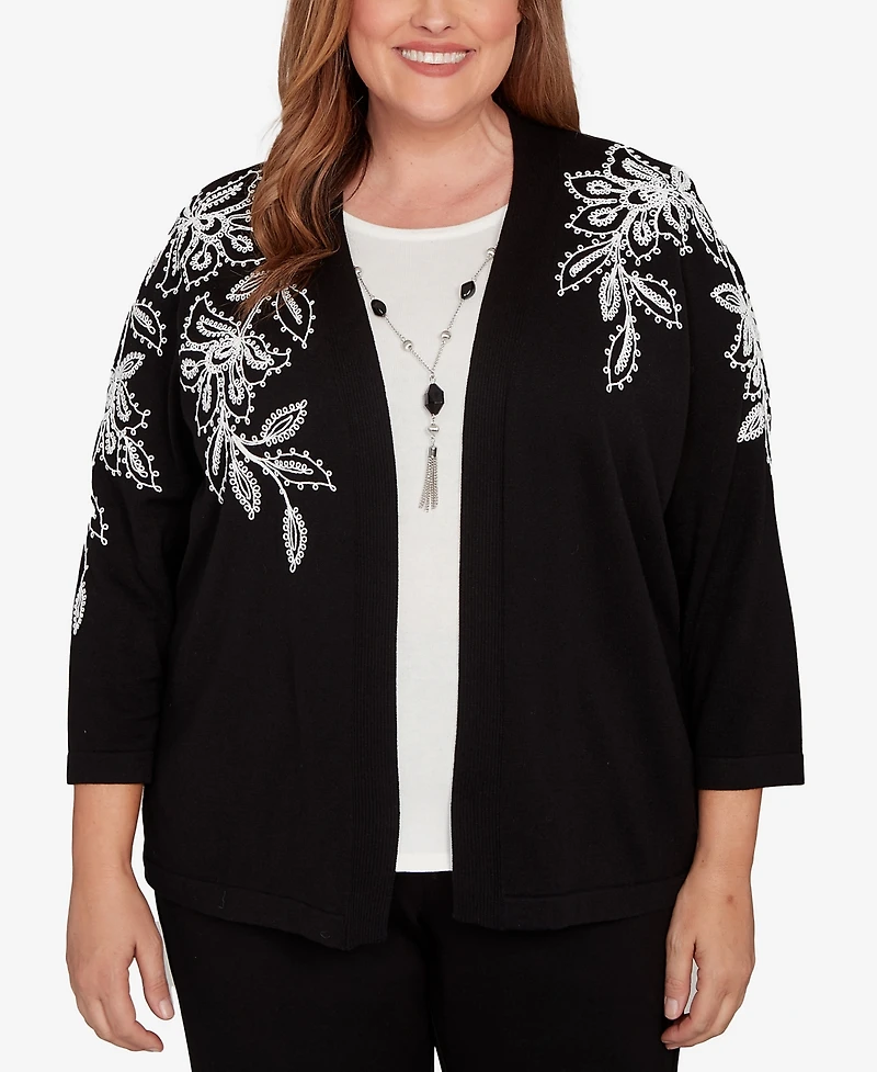 Alfred Dunner Plus Barcelona Floral Soutache Two One Sweater With Necklace