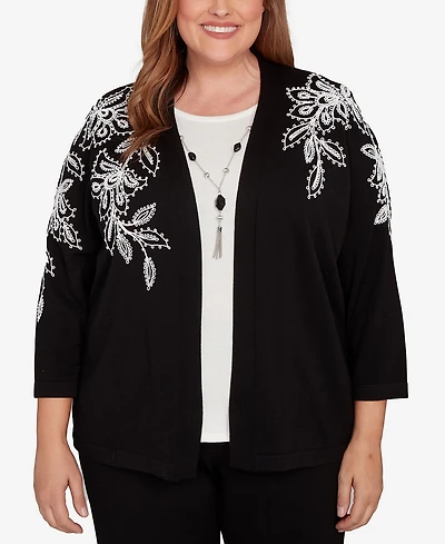 Alfred Dunner Plus Barcelona Floral Soutache Two One Sweater With Necklace