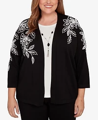 Alfred Dunner Plus Barcelona Floral Soutache Two One Sweater With Necklace
