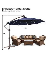 Clihome 11FT Solar Offset Umbrella with 32 Led Lights Cantilever Hanging Outdoor Umbrellas Handy Crank & Cross Base for Deck/Backyard/Pool，Red