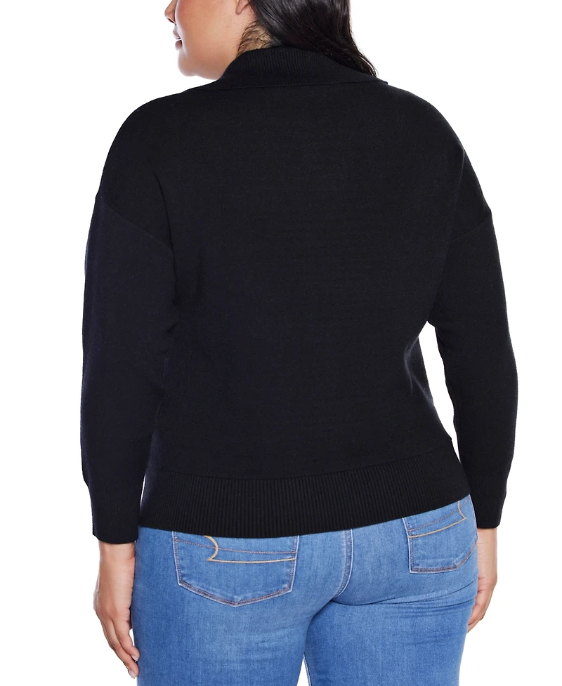 Belldini Plus Rhinestone-Trimmed Split-Neck Sweater