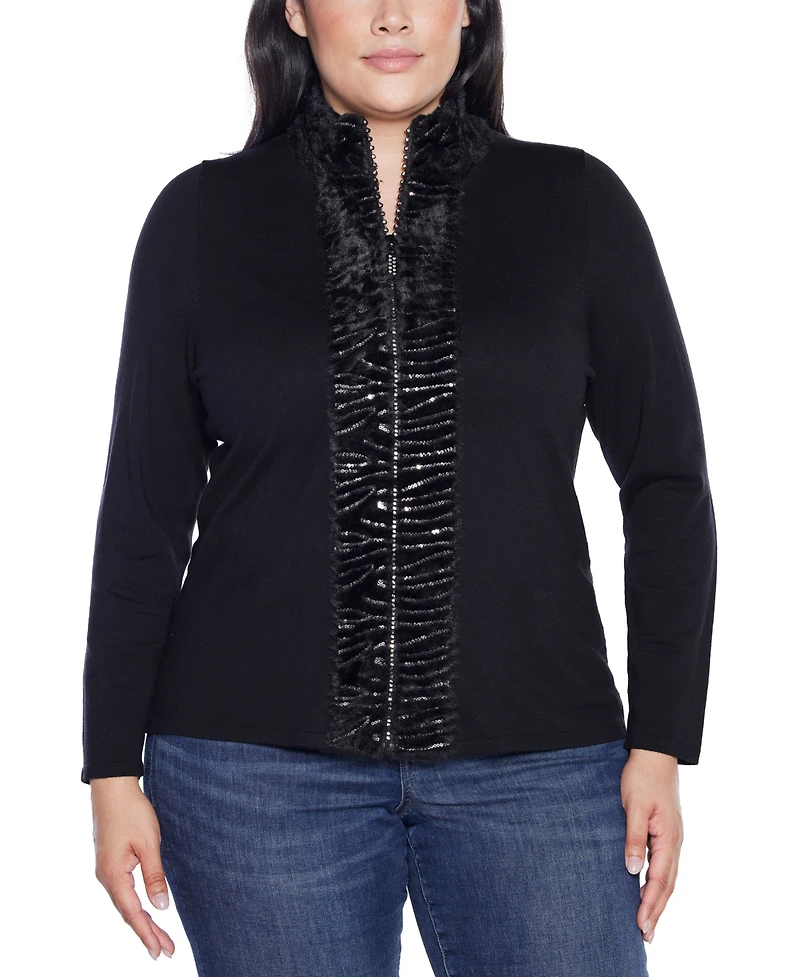 Belldini Plus Black Label Trim Rhinestone-Zip Cardigan Sweater