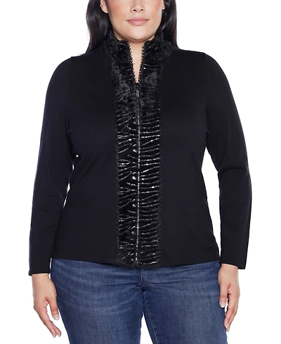Belldini Plus Black Label Trim Rhinestone-Zip Cardigan Sweater