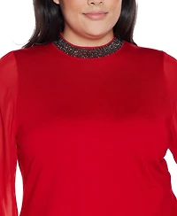 Belldini Plus Black Label Rhinestone-Neckline Chiffon-Sleeve Sweater