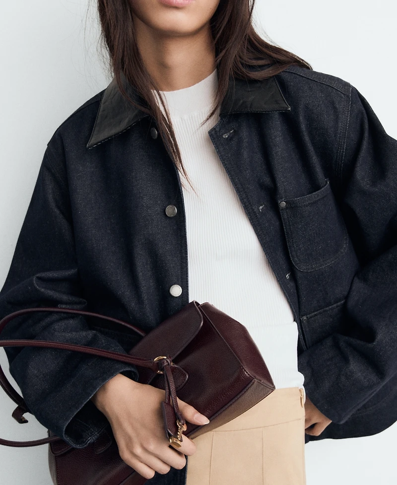 Mango Women's Leather-Effect Collar Denim Jacket