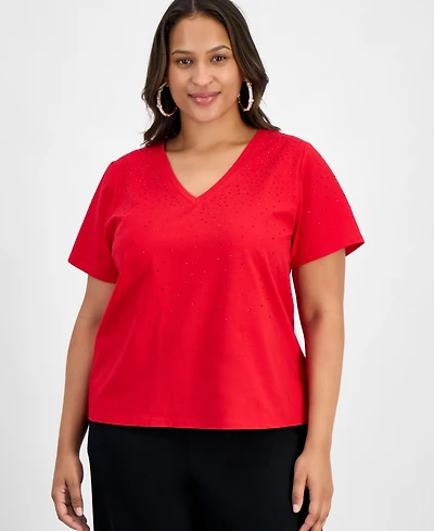 I.n.c. International Concepts Plus V-Neck Rhinestone-Embellished Top