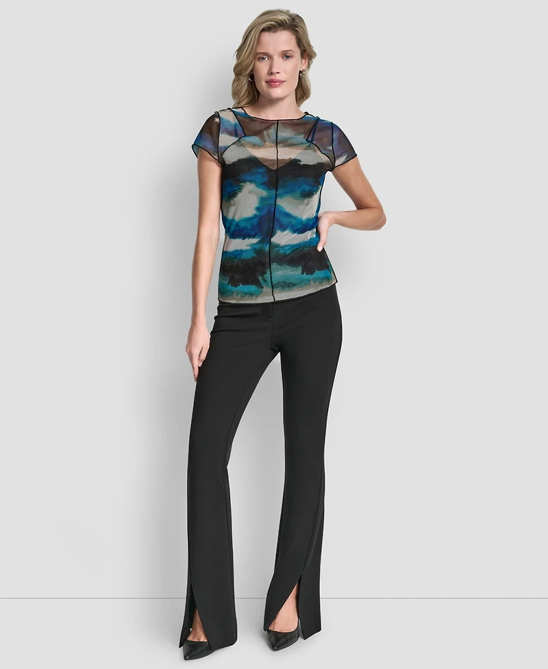 Dkny Women's Printed Mesh Xposd Seam Short Sleeve Top
