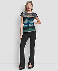 Dkny Women's Printed Mesh Xposd Seam Short Sleeve Top