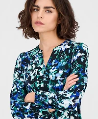 Ak Anne Klein Women's Printed Split-Neck Long-Sleeve Top