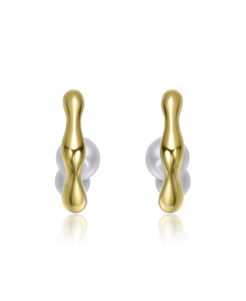 14K Gold Plated with Curved Design and Pearl Accent Modern Huggie Earrings