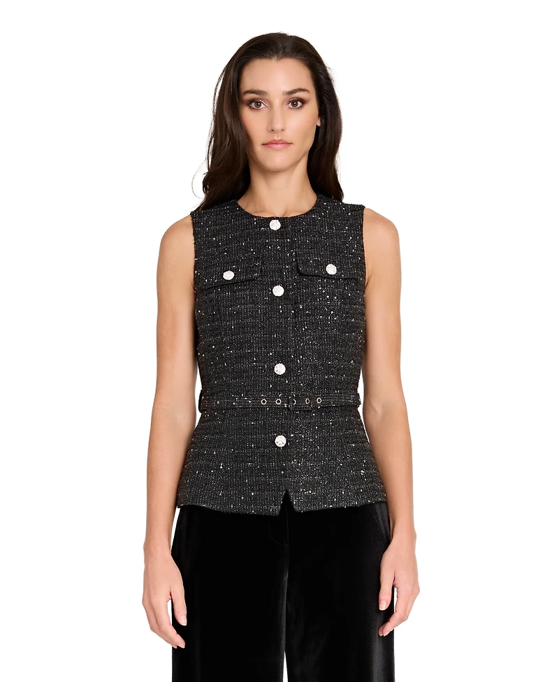 Tahari Asl Women's Boucle Rhinestone Trim Vest Top