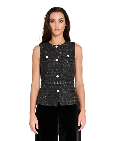 Tahari Asl Women's Boucle Rhinestone Trim Vest Top