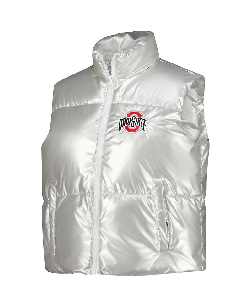 ZooZatz Women's Silver Ohio State Buckeyes Metallic Cropped Full-Zip Sleeveless Puffer Vest