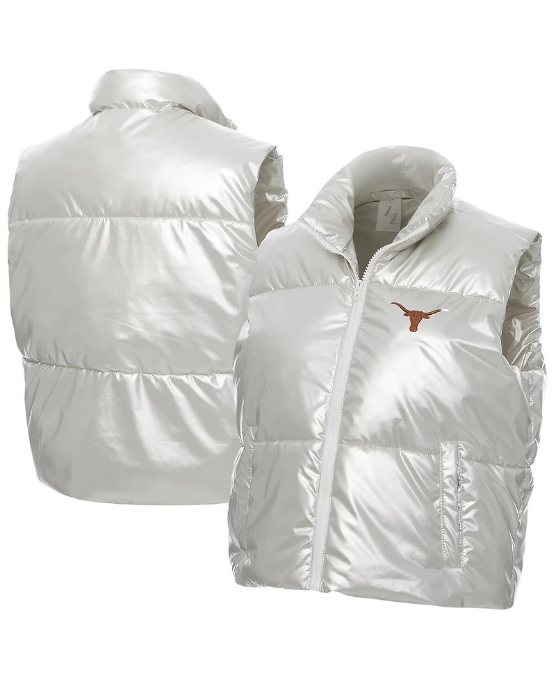 ZooZatz Women's Silver Texas Longhorns Metallic Cropped Full-Zip Sleeveless Puffer Vest