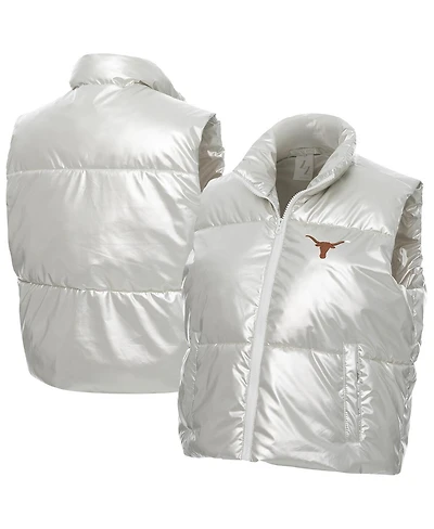 ZooZatz Women's Silver Texas Longhorns Metallic Cropped Full-Zip Sleeveless Puffer Vest