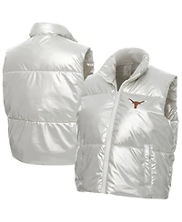 ZooZatz Women's Silver Texas Longhorns Metallic Cropped Full-Zip Sleeveless Puffer Vest