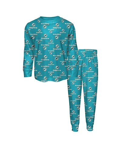 Outerstuff Big Boys and Girls 2-Piece Aqua Miami Dolphins All-Over-Print Long Sleeve T-Shirt Pants Sleep Set