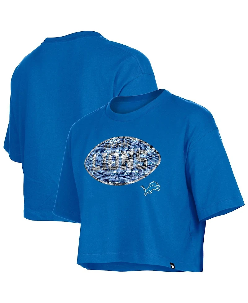 New Era Girls Blue Detroit Lions Flip Sequin Boxy T-Shirt