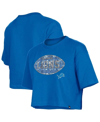 New Era Girls Blue Detroit Lions Flip Sequin Boxy T-Shirt