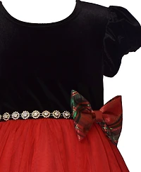 Bonnie Jean Girls 2-6X Short Sleeve Velvet to Tiered Plaid Dress