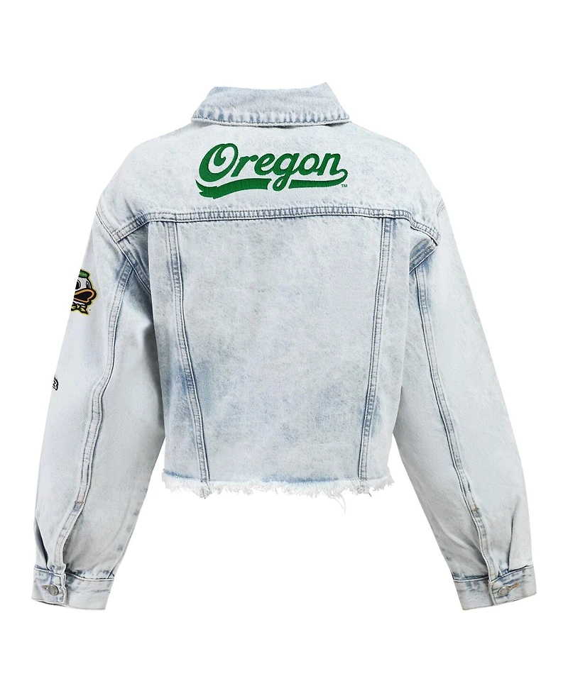 Hype and Vice Women's Denim Oregon Ducks Lightwash Cropped Button-Up Jean Jacket
