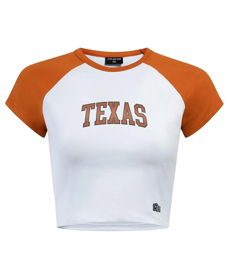 Hype and Vice Women's White/Texas Orange Texas Longhorns Homerun Cropped Raglan T-Shirt